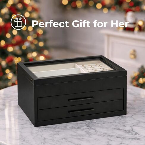 Jewelry Box for Women, Jewelry Storage Organizer with Glass Lid, 3-Layer Jewelry Organizer, 2 Drawers, Modern Style for Earring, Ring, Necklace, Bracelets in Kuwait