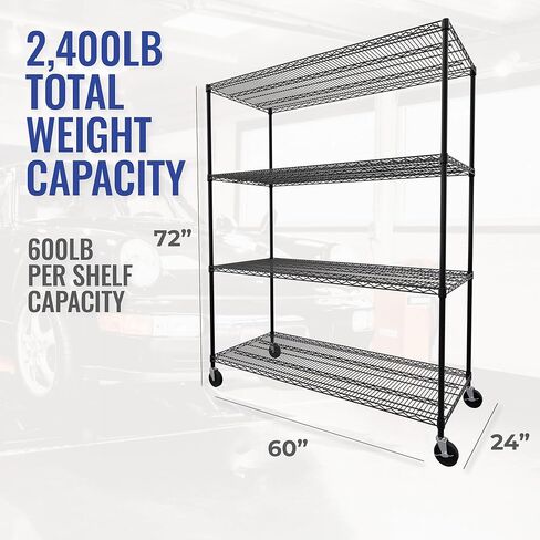 SafeRacks - NSF Certified Storage Shelves, Zinc, Heavy Duty Steel Wire Unit with Wheels and Adjustable Feet, Garage or Bakers Rack, Kitchen, Pantry Shelf - (24"x60"x72" 4-Tier) (Black) in Kuwait