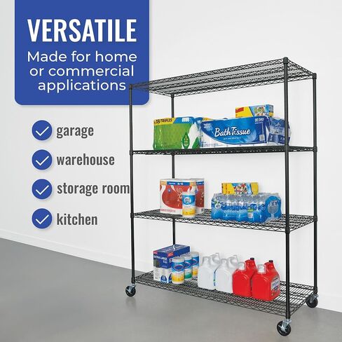 SafeRacks - NSF Certified Storage Shelves, Zinc, Heavy Duty Steel Wire Unit with Wheels and Adjustable Feet, Garage or Bakers Rack, Kitchen, Pantry Shelf - (24"x60"x72" 4-Tier) (Black) in Kuwait