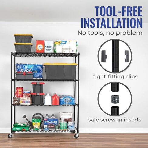 SafeRacks - NSF Certified Storage Shelves, Zinc, Heavy Duty Steel Wire Unit with Wheels and Adjustable Feet, Garage or Bakers Rack, Kitchen, Pantry Shelf - (24"x60"x72" 4-Tier) (Black) in Kuwait