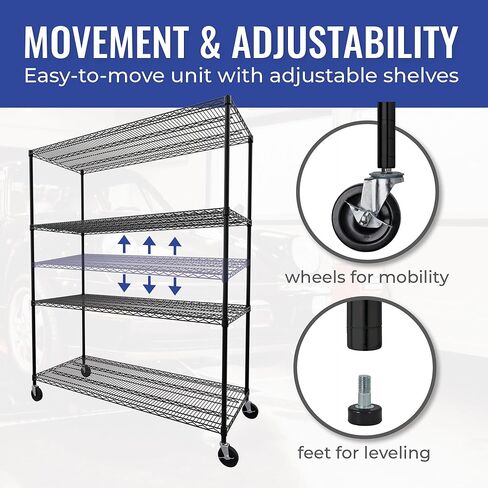 SafeRacks - NSF Certified Storage Shelves, Zinc, Heavy Duty Steel Wire Unit with Wheels and Adjustable Feet, Garage or Bakers Rack, Kitchen, Pantry Shelf - (24"x60"x72" 4-Tier) (Black) in Kuwait