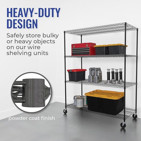 SafeRacks - NSF Certified Storage Shelves, Zinc, Heavy Duty Steel Wire Unit with Wheels and Adjustable Feet, Garage or Bakers Rack, Kitchen, Pantry Shelf - (24"x60"x72" 4-Tier) (Black) in Kuwait