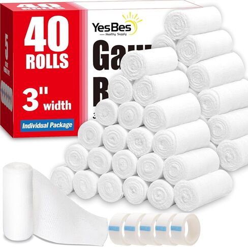 40 Pack Gauze Rolls, 3 in x 4.1 Yards, Premium Gauze Wrap Roll for Wounds, Bandage Wrap Rolled Gauzes, Mummy Wraps, Individually Wrapped in Saudi Arabia