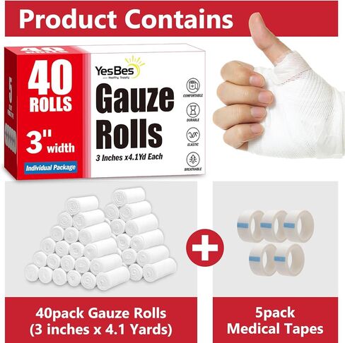 40 Pack Gauze Rolls, 3 in x 4.1 Yards, Premium Gauze Wrap Roll for Wounds, Bandage Wrap Rolled Gauzes, Mummy Wraps, Individually Wrapped in Saudi Arabia