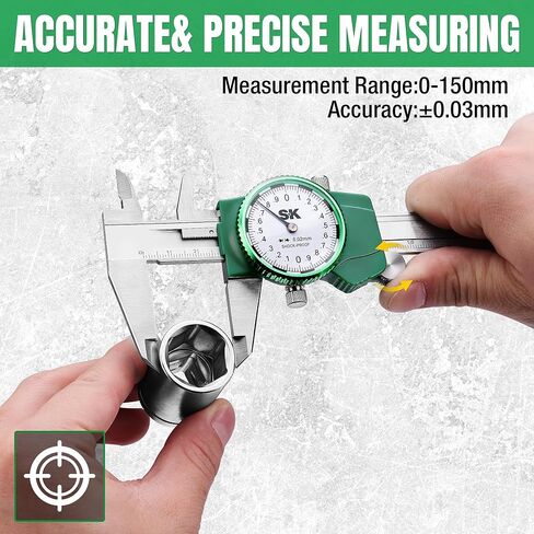SK Metric Dial Caliper, 150mm Caliper Measuring Tool with Shock-Proof Design, 4 Measurement Methods Stainless Steel Calipers, ±0.03mm Accuracy in Saudi Arabia