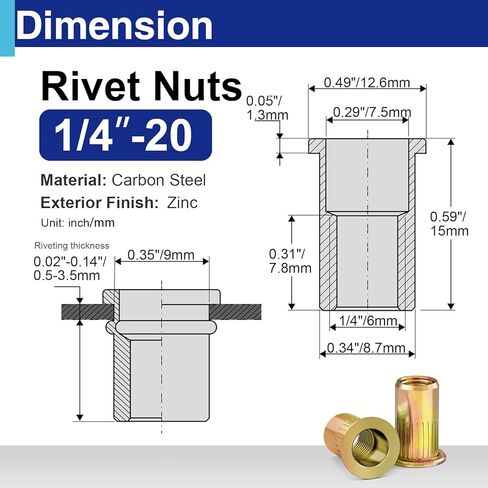 1/4-20 Rivet Nuts, Zinc Plated Carbon Steel Threaded Insert Rivnut Nutsert, Flat Head UNC 20 Pcs in Kuwait