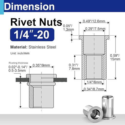 1/4-20 Rivet Nuts, UNC 304 Stainless Steel, Rivnut Threaded Insert Flat Head Knurled Body 20 Pcs in Kuwait