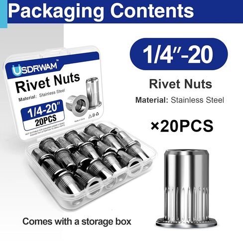 1/4-20 Rivet Nuts, UNC 304 Stainless Steel, Rivnut Threaded Insert Flat Head Knurled Body 20 Pcs in Kuwait