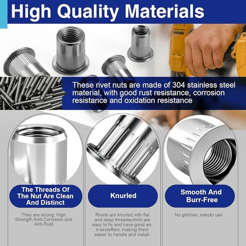 1/4-20 Rivet Nuts, UNC 304 Stainless Steel, Rivnut Threaded Insert Flat Head Knurled Body 20 Pcs in Kuwait