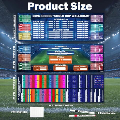 مجموعة لوحات جدارية لبطولة كأس العالم لكرة القدم 2026 من NicceMart، مقاس 39 بوصة × 26 بوصة، تصميمان لجميع الملصقات المطابقة ومخطط جدول زمني مقاس 39 بوصة × 13 بوصة، طباعة مزدوجة الجانب بدون تجعد لتزيين المنزل في بار حفلات كرة القدم in Saudi Arabia