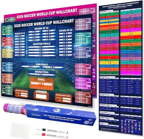 مجموعة لوحات جدارية لبطولة كأس العالم لكرة القدم 2026 من NicceMart، مقاس 39 بوصة × 26 بوصة، تصميمان لجميع الملصقات المطابقة ومخطط جدول زمني مقاس 39 بوصة × 13 بوصة، طباعة مزدوجة الجانب بدون تجعد لتزيين المنزل في بار حفلات كرة القدم in Saudi Arabia