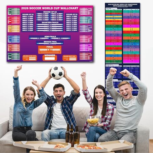 مجموعة لوحات جدارية لبطولة كأس العالم لكرة القدم 2026 من NicceMart، مقاس 39 بوصة × 26 بوصة، تصميمان لجميع الملصقات المطابقة ومخطط جدول زمني مقاس 39 بوصة × 13 بوصة، طباعة مزدوجة الجانب بدون تجعد لتزيين المنزل في بار حفلات كرة القدم in Saudi Arabia