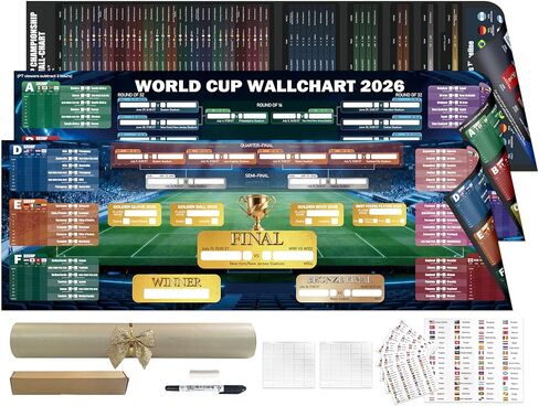 مجموعة هدايا ملصق الرسم البياني لكأس العالم 2026، 3 قطع من ملصقات جدول كرة القدم للمسح الجاف من مادة PVC مزدوجة الجوانب، تتضمن قلم تحديد قابل للمسح، ممحاة، 48 ملصقًا للفريق وعلامات تثبيت بدون حفر، متتبع مرحلة المجموعات وقوس خروج المغلوب لديكور مروحة المكت in Kuwait
