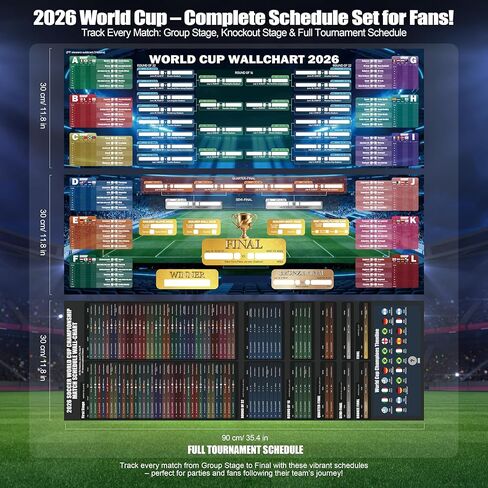 مجموعة هدايا ملصق الرسم البياني لكأس العالم 2026، 3 قطع من ملصقات جدول كرة القدم للمسح الجاف من مادة PVC مزدوجة الجوانب، تتضمن قلم تحديد قابل للمسح، ممحاة، 48 ملصقًا للفريق وعلامات تثبيت بدون حفر، متتبع مرحلة المجموعات وقوس خروج المغلوب لديكور مروحة المكت in Kuwait