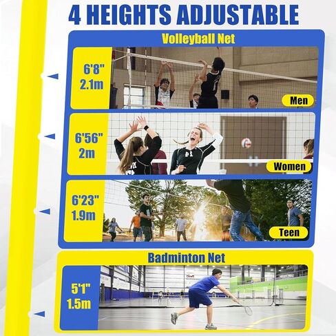 Adjustable Volleyball Poles with Wheels, 4 Heights 5ft-6.8ft, Heavy Duty Net Set for Backyard, Indoor & Outdoor Fun for Kids & Adults - Perfect for Family Sports in Saudi Arabia