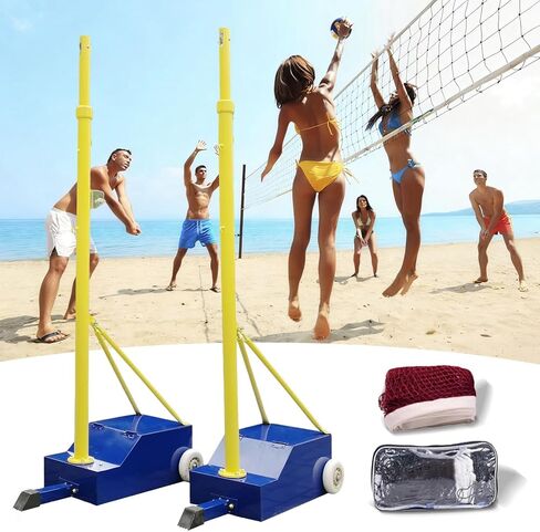 Adjustable Volleyball Poles & Net Set with Heavy-Duty Base, Wheels - 4 Height Levels (5ft-6.8ft) for Adults & Kids - Perfect for Schools & Stadiums in Saudi Arabia