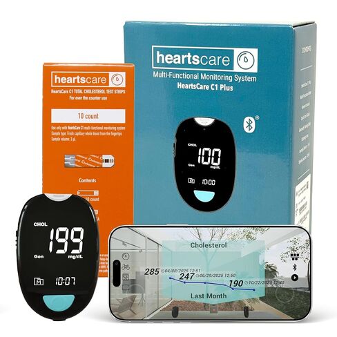 مجموعة اختبار HeartsCare C1 Plus لمقياس الكوليسترول الكلي في المنزل مع عدد TC 10 مع تطبيق HeartsHome ثلاثي الأبعاد بتقنية البلوتوث. in Kuwait