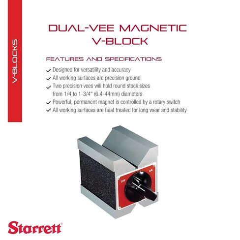 Starrett Dual-Vee Magnetic V-Block with Rotary Switch - Holds 1/4" to 1-3/4" Round Stock, Heat-Treated Ground Surfaces - 566 in Saudi Arabia