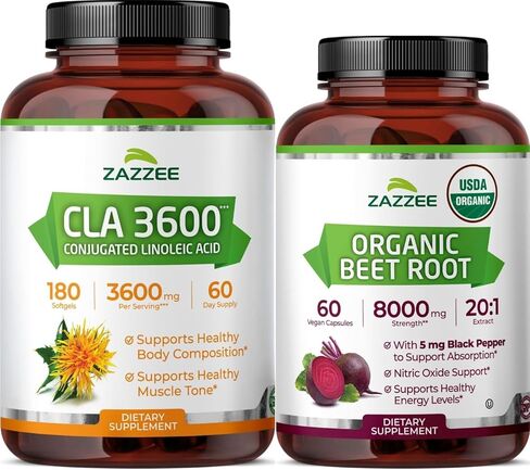Zazzee Active Lifestyle Support Bundle | Organic Beet Root Capsules & High Strength Conjugated Linoleic Acid Softgels | Non-GMO & ISO Lab Tested (60 Servings Each) in Saudi Arabia