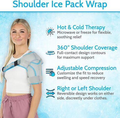 دعامة حزمة الثلج للكتف من القطب الشمالي - غلاف جل بارد قابل لإعادة الاستخدام على البارد، علاج ساخن - دعم ثبات ضغط منع الحركة لالتهاب الأوتار، خلع المفاصل، تخفيف آلام الذراع الدوارة اليسرى واليمنى in Kuwait