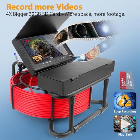 DVR Pipe Inspection Camera System, 7-Inch HD Screen, 30M/100FT Cable, Sewer Camera 1080P Full HD Recording, Drain Pipeline Endoscope with LED Lights, Waterproof IP68 Borescope 32GB SD Card Storage in Saudi Arabia
