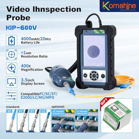 Komshine KIP-600V مسبار فحص الألياف الضوئية 400X مجهر عرض فيديو الألياف 3.5 بوصة، مجموعة تنظيف فحص الألياف البصرية مع UPC: SC/FC/ST/LC ذكر، SC/LC أنثى، SC APC أنثى، 2.5 مم APC ذكر in Saudi Arabia