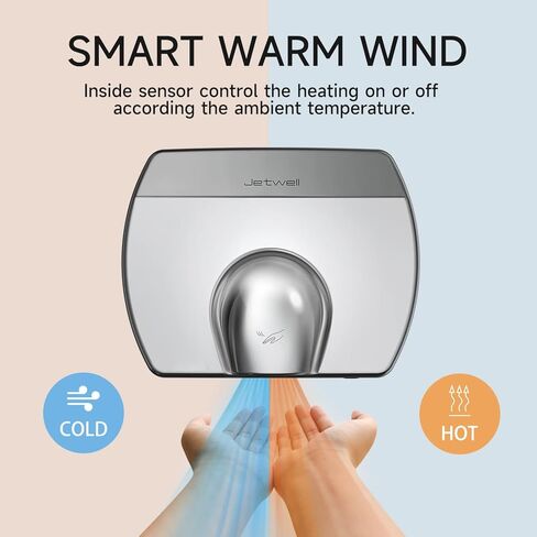 JETWELL مجفف الأيدي التجاري المدمج الأنيق، الرياح الدافئة الأوتوماتيكية عالية السرعة، غطاء من الفولاذ المقاوم للصدأ، AC110V-130V JW2830 in Kuwait