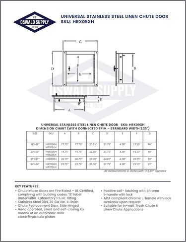 Oswald Supply Stainless Steel Linen Chute - Left Hinged, 20"(W) X20(H), T-Handle in Kuwait