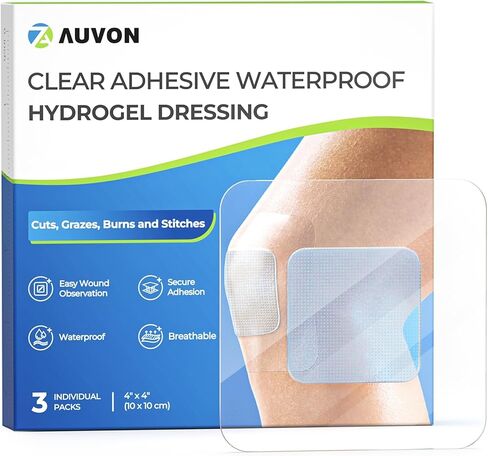 AUVON Hydrogel Burn Dressings 4" x 4" for Instant Cooling Relief & Moist Healing, Adhesive Burn Pads for 1st-2nd Degree Burns, Cuts, Abrasions, Waterproof Wound Dressing for Home First Aid Kit, 3 Pcs in Saudi Arabia