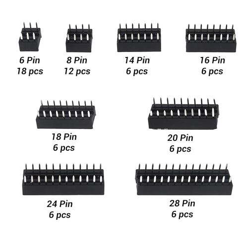 66pcs 2.54 mm Pitch DIP IC Sockets Adaptor Assortment Kit 6 8 14 16 18 20 24 28 Pin for R&D Debugging, Batch Equipment Maintenance, or DIY Projects. in Saudi Arabia