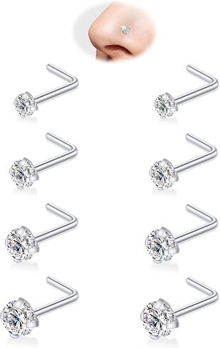 8pcs G23 Titanium Rings Brings - 20g أنف المسمار ترصيع الفضة الماس الماس المكعب الزركونيا حلقات Corkscrew حلقات Hypiallergenic يهودية للنساء 1.5 مم 2 مم 2.5 ملم 3 ملم in Kuwait
