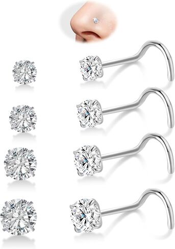 8PCS G23 Titanium Nose Rings Studs - 20G Nose Screw Studs Silver Diamond Cubic Zirconia Corkscrew Rings Hypoallergenic Piercing Jewerly for Women Men 1.5mm 2mm 2.5mm 3mm in Kuwait