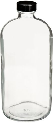 JG Finneran D0149-32 Clear Borosilicate Glass Standard Boston Round Bottle with Black Phenolic Closure, PE Cone Lined, 33-400mm Cap Size, 32oz Capacity (Pack of 12) in Saudi Arabia