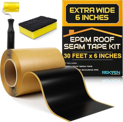 طقم شريط التماس المطاطي EPDM - 30 قدم × 6 بوصة - شريط بوتيل مزدوج الجوانب - لاصق ذاتي أسود لإصلاحات ختم ربط البطانة - يعمل مع EPDM TPO Hypalon والأغشية الأخرى in Kuwait