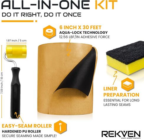 طقم شريط التماس المطاطي EPDM - 30 قدم × 6 بوصة - شريط بوتيل مزدوج الجوانب - لاصق ذاتي أسود لإصلاحات ختم ربط البطانة - يعمل مع EPDM TPO Hypalon والأغشية الأخرى in Kuwait