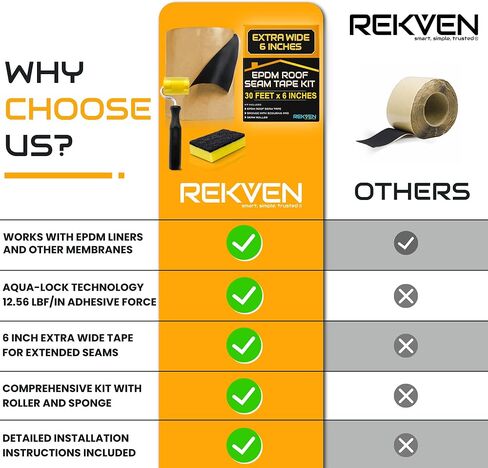 طقم شريط التماس المطاطي EPDM - 30 قدم × 6 بوصة - شريط بوتيل مزدوج الجوانب - لاصق ذاتي أسود لإصلاحات ختم ربط البطانة - يعمل مع EPDM TPO Hypalon والأغشية الأخرى in Kuwait