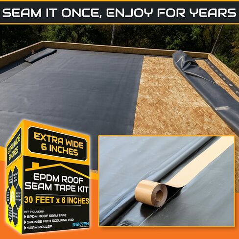 طقم شريط التماس المطاطي EPDM - 30 قدم × 6 بوصة - شريط بوتيل مزدوج الجوانب - لاصق ذاتي أسود لإصلاحات ختم ربط البطانة - يعمل مع EPDM TPO Hypalon والأغشية الأخرى in Kuwait
