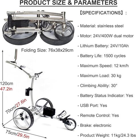 Electric Foldable Golf Cart with Remote Control, 3 Wheel Bag Push Cup Holder, Umbrella, Phone, 30kg Load in Saudi Arabia