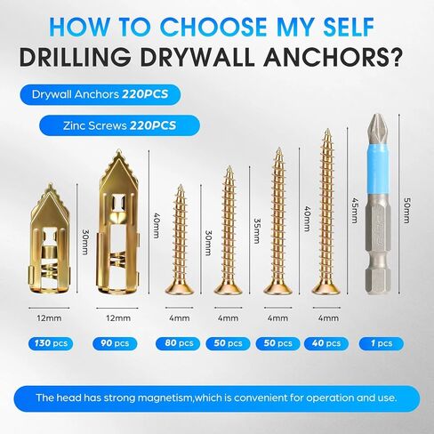 440 PCS Self Drilling Drywall Anchors with Screws Kit - 220 Metal Sheetrock Wall Anchors & 220 Zinc Expansion Drywall Screws,2025 Upgraded Zinc Plated Steel,No Drilling Required, Easy to Install in Saudi Arabia