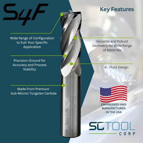 SCT30232 S4F 4-Flute، قطر 5/16 بوصة، طول القطع 7/8 بوصة، نصف قطر الزاوية .060 بوصة، القطع المركزي، 2.5 بوصة OAL، غير مطلي، قطر عرقوب 5/16 بوصة، طاحونة نهاية كربيد متعددة الاستخدامات in Kuwait