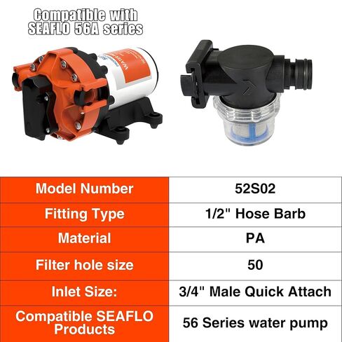 SEAFLO Inline Water Pump Filter 52S02-3/4" Male Quick Attach with 1/2" Hose Barb, 50 MeshSteel Strainer with Plastic Shell, Fits SEAFLO 56 Series Pumps, RV, Marine, Agriculture, Lawn Care (1-Pack) in Saudi Arabia