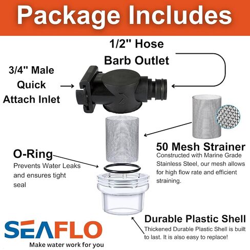 SEAFLO Inline Water Pump Filter 52S02-3/4" Male Quick Attach with 1/2" Hose Barb, 50 MeshSteel Strainer with Plastic Shell, Fits SEAFLO 56 Series Pumps, RV, Marine, Agriculture, Lawn Care (1-Pack) in Saudi Arabia