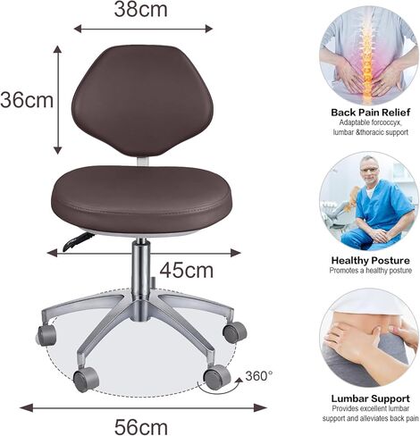 Ergonomic Medical Stool with Backrest - Heavy Duty Rolling Dental Chair with 45° Tilt Support, Adjustable Height Microfiber Leather Hydraulic Stool for Salon, Spa, Clinic, Office (Brown) in Kuwait