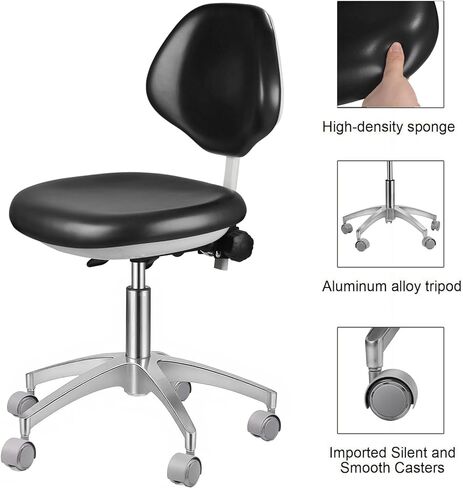 Dental Stool Ergonomic PU Leather Seat with Adjustable Back Rest Sitting Height Nurse Doctor Assistant Black Chair in Kuwait