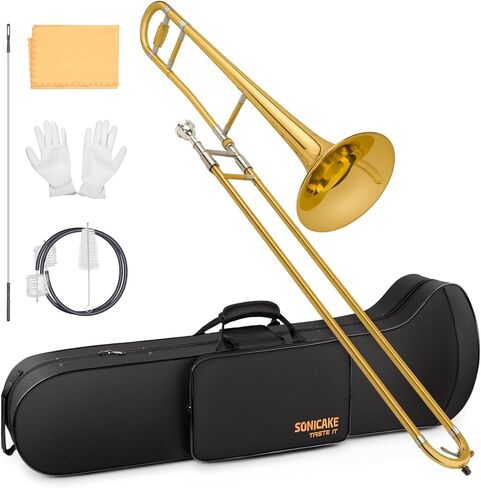 SONICAKE Bb Alto Slide Trombone for Beginners Students - Gold Lacquer Brass Trombone Full Kit with 7C Mouthpiece, Hard Case, Gloves & Cleaning Kit QTB-01 in Saudi Arabia