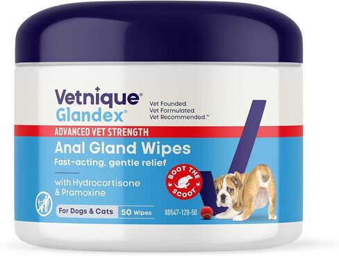 Vetnique Glandex Medicated Dog Butt Wipes & Spray for Dog Scooting - Topical Anti Itch Skin Relief for Soothing Inflamed Anal Glands in Dogs & Cats - Fast Acting Formula 50ct (50ct Wipes) in Kuwait