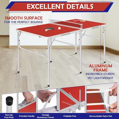 Mid-Size Portable Ping Pong Table, Compact Foldable Table Tennis Table Set w/Net, 2 Paddles & 2 Balls for Indoor Outdoor, Small Spaces and Apartments, Thickened Aluminum Frame in Kuwait
