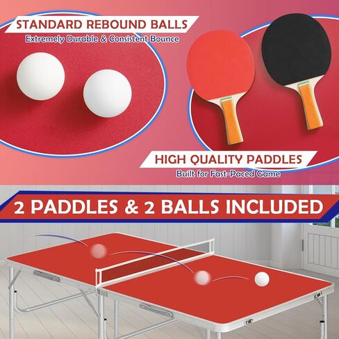 Mid-Size Portable Ping Pong Table, Compact Foldable Table Tennis Table Set w/Net, 2 Paddles & 2 Balls for Indoor Outdoor, Small Spaces and Apartments, Thickened Aluminum Frame in Kuwait