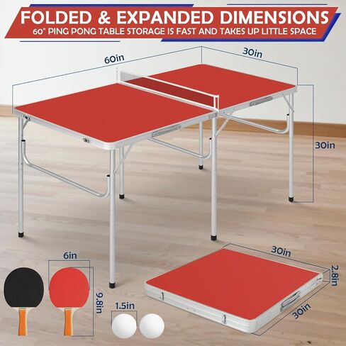 Mid-Size Portable Ping Pong Table, Compact Foldable Table Tennis Table Set w/Net, 2 Paddles & 2 Balls for Indoor Outdoor, Small Spaces and Apartments, Thickened Aluminum Frame in Kuwait