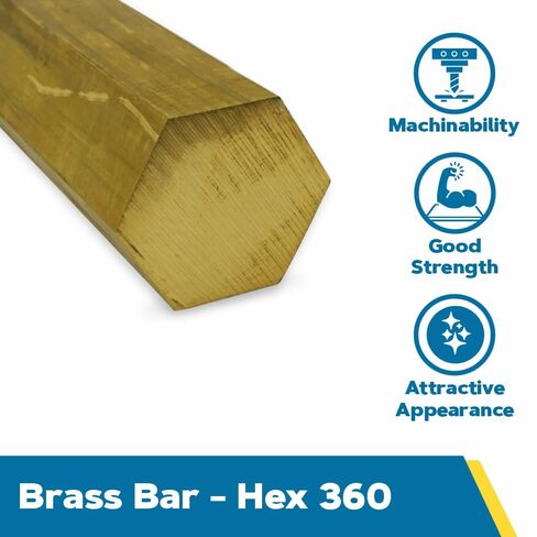 360 Brass Hex Bar, Unpolished (Mill) Finish, Extruded, H02 Temper, ASTM B16, 0.375" Across Flats, 12" Length, OnlineMetals in Saudi Arabia